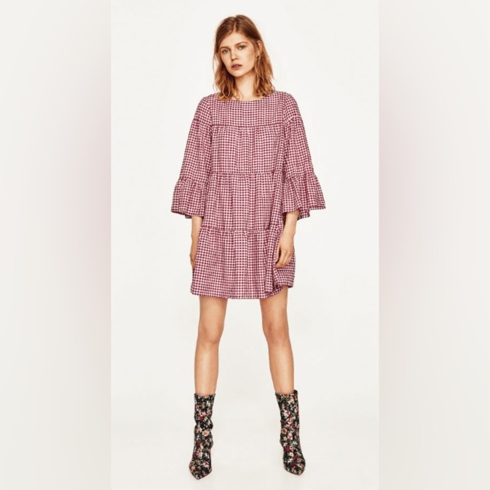 ZARA Tiered Ruffle Sleeve Gingham Dress Red White Color Oversized Size XS